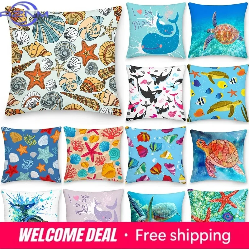 Ocean World Pattern Turtle Coral Shell Animal Square Cushion Covers Suitable for Home Living Room Sofa Office Decorative Pillows