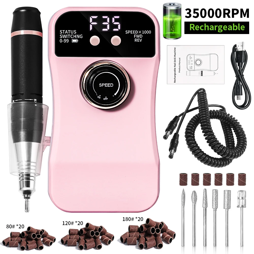 

35000RPM Professional Electric Nail Drill Rechargeable Electric Portable Nail Sander File Low Noise for Manicure Salon Tool