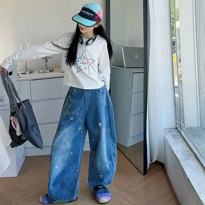 Girls' Set 2026 Spring and Autumn New Collection Children's Printed Bottom Shirt Jeans Two Piece Set
