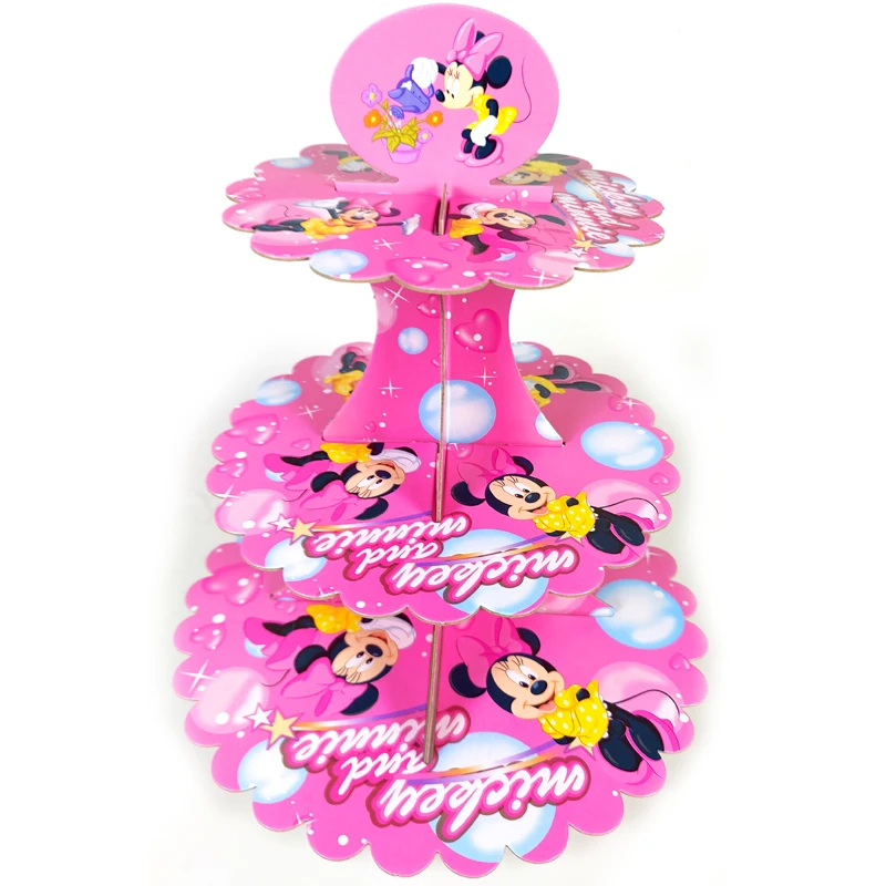 

1set/lot Minnie Mouse Theme DIY Cupcake Holder Happy Birthday Party Cartoon Design Paperboard Cake Stand