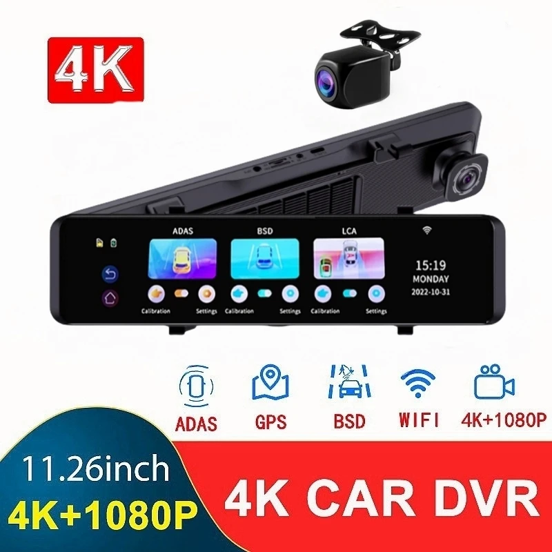 12Inch 4K 3840*2160P Car Camera Dash Cam  Support ADAS  BSD GPS  Rearview Mirror Video Recording WIFI Loop Record Phone APP