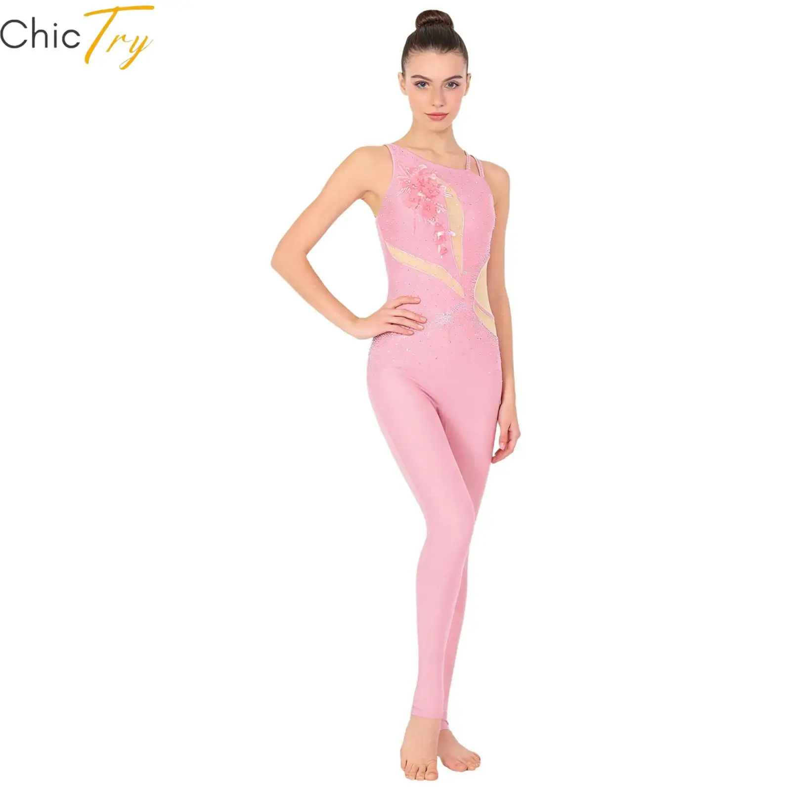 レディース体操ユニタードボディスーツ刺繍アップリケラインストーンレギンスパンツジャンプスーツストラップバック付きバレエロンパース