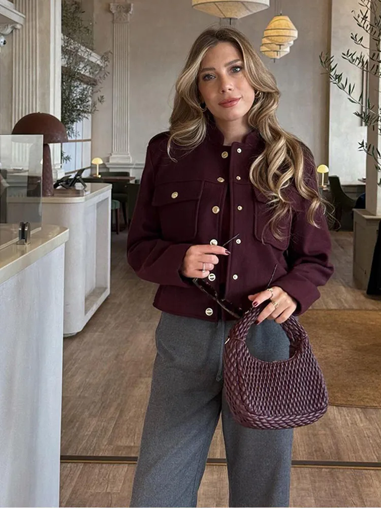 Elegant O Neck Burgundy Short Woolen Coat Women Fashion Long Sleeve Button Pocket Thick Jacket 2024 Lady New Highstreet Outwear