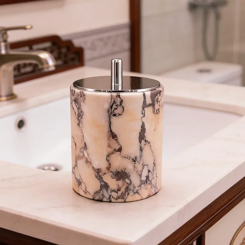 Marble Cotton Swab Holder Bathroom Storage Jar Desktop Organizer for Q Tips Makeup Brushes Vanity Countertop Decorative