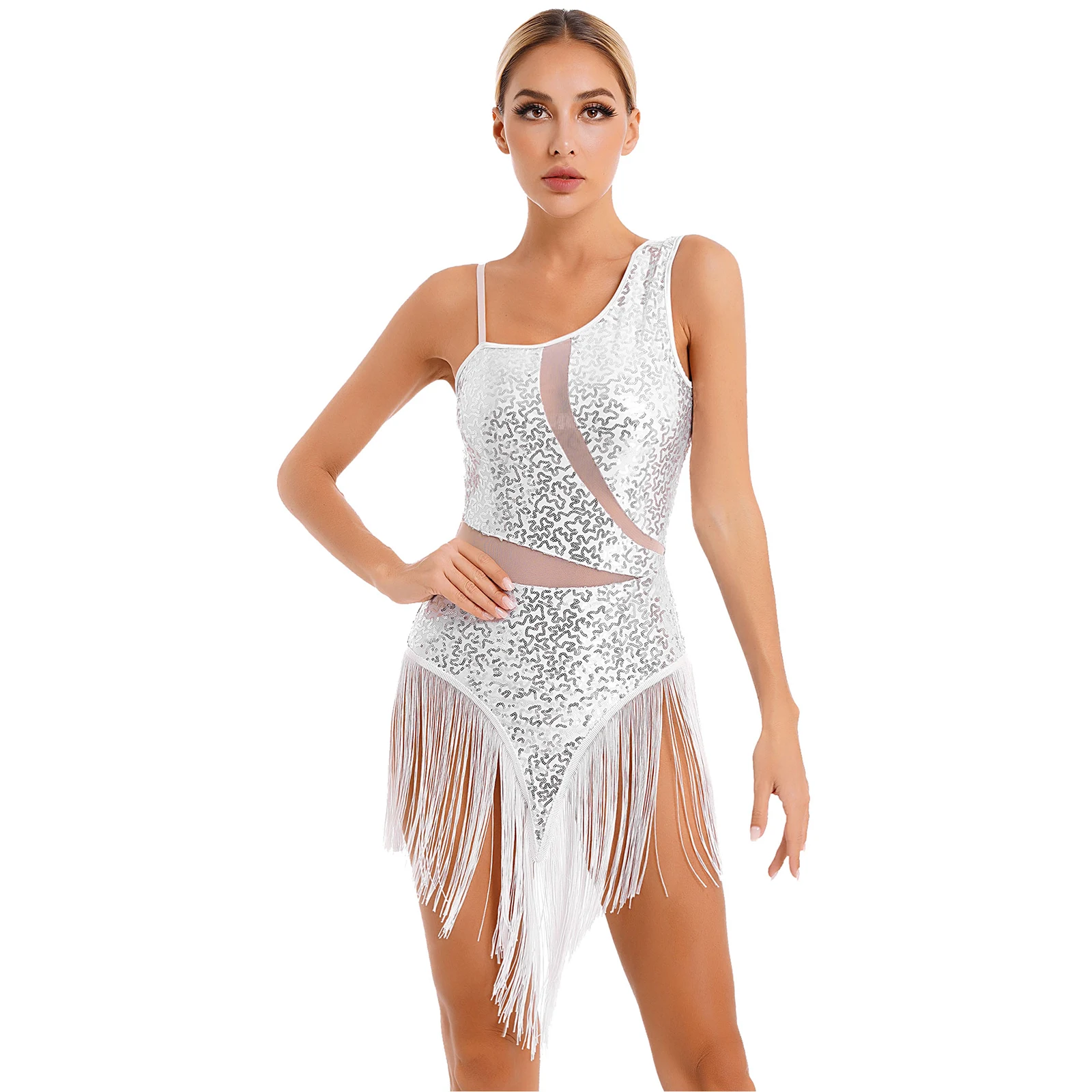 Women Latin Dance Costume Shiny Sequins Fringed Tassel Leotard Dresses for Dancing Competition Samba Rumba Gymnastics Jumpsuit