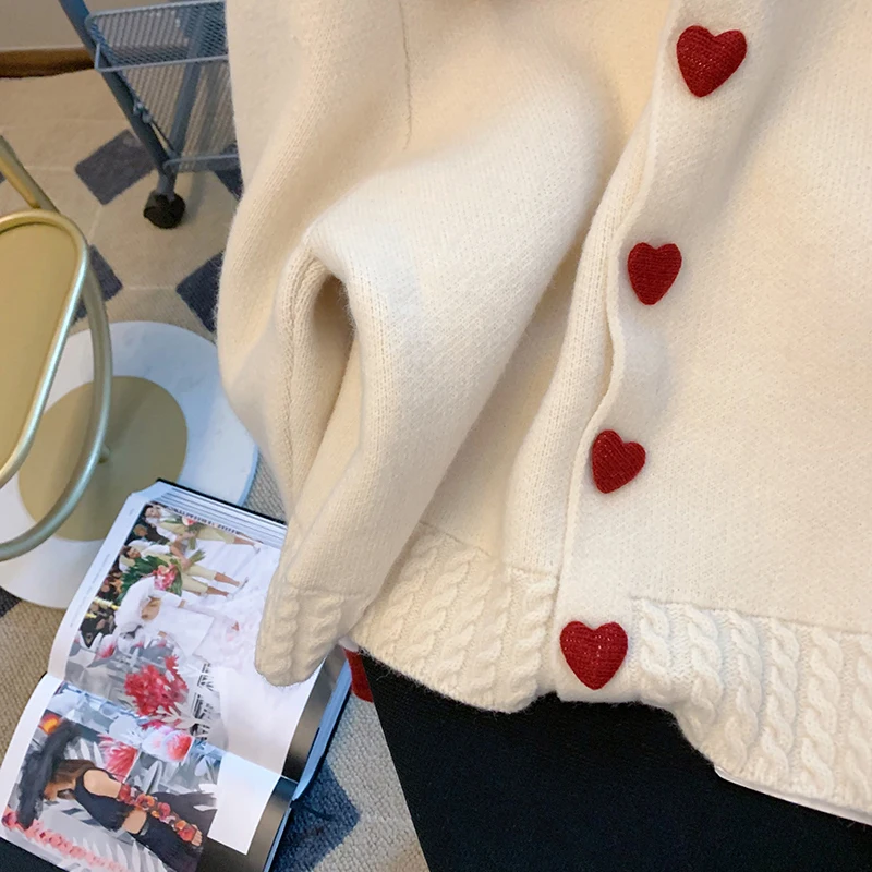 Women\'s Cardigan Sweater Coat Red White Contrast Doll Neck Knitwear Autumn Winter 2023 New Sweet Thicked Heart Button Sweaters