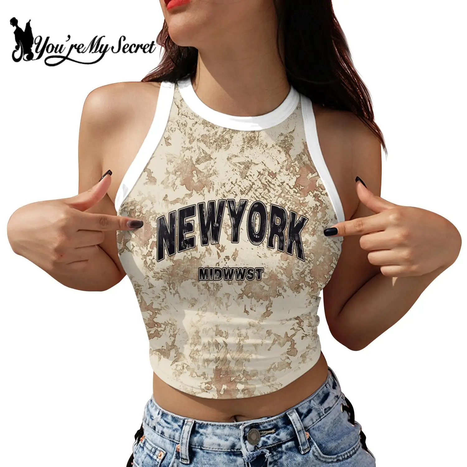 [You're My Secret] Fashion Love Grey Print Women Crop Top Sexy Sleeveless Tank Top Streetwear Gothic Skull Knitted O-Neck Vest