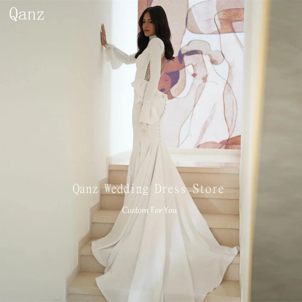 Qanz Minimalism White Satin Wedding Dresses High Neck Mermaid Long Sleeves Robe De Mariée Open Back Bridal Gowns Customized