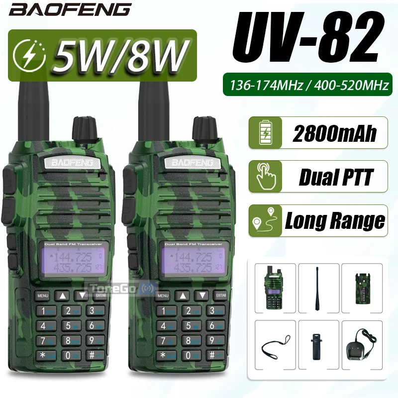 Baofeng UV-82 VHF UHF Dual Band Walkie Talkie 5W/8W 2800mAh Dual PTT Dual Standby FM Receiver Flashlight Portable Two Way Radio
