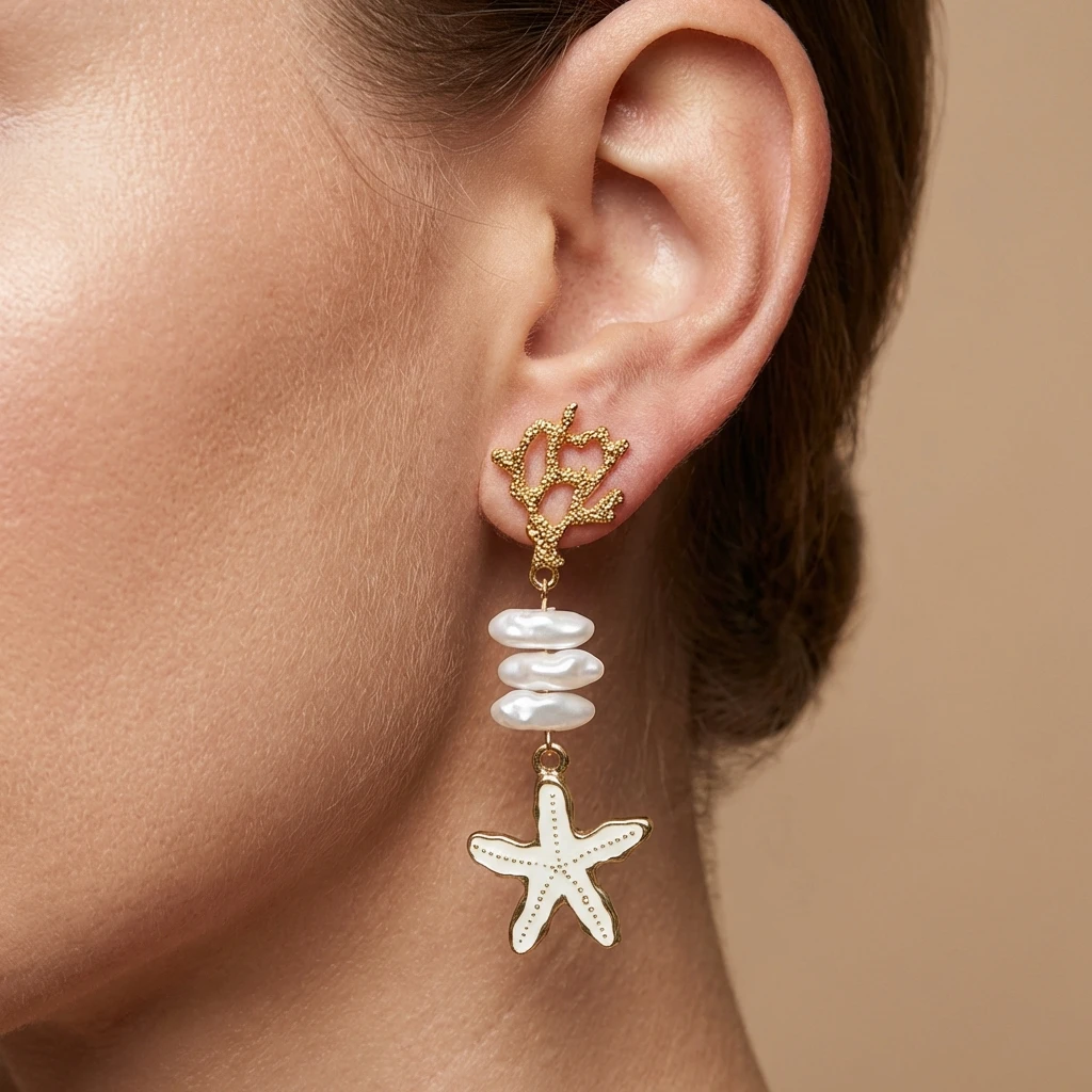 

Fashion Ocean Series Baroque Imitation Pearl Starfish Dangle Earrings for Women Summer Beach Metal Corals Earring Party Jewelry