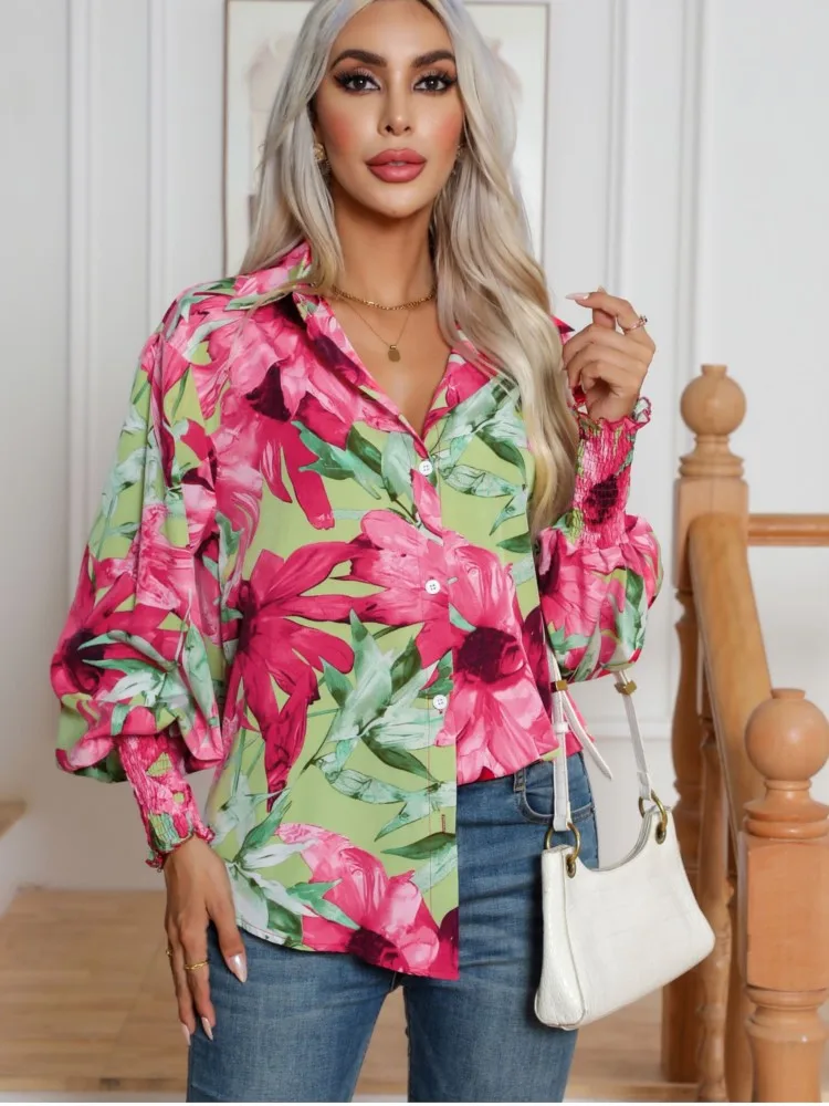 

Women Casual Shirts Commuting Elegant Floral Print Blouses And Lantern Sleeve Turn-down Collar Single Breasted Ladies Top Spring