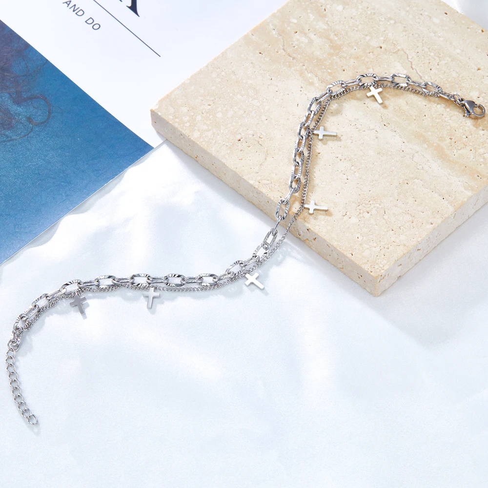 Luxusteel cruz dupla pé corrente tornozeleiras para mulheres pulseira na perna de aço inoxidável corrente tornozeleiras festa de casamento jóias