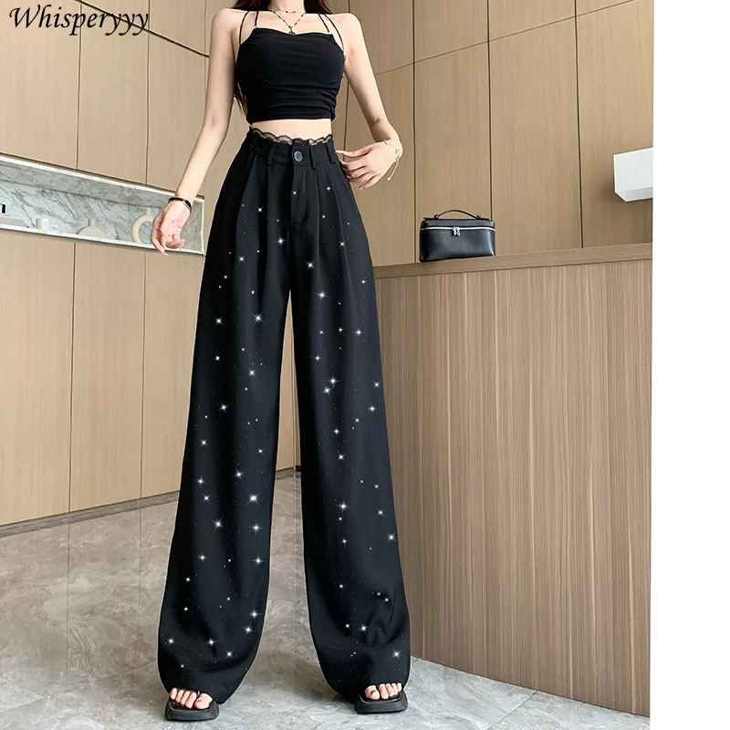 

Lace Patchwork Hot Drill Suit Pants Women Streetwear High Waist Loose Casual Wide Leg Pants Female Balck Pantalones De Mujer