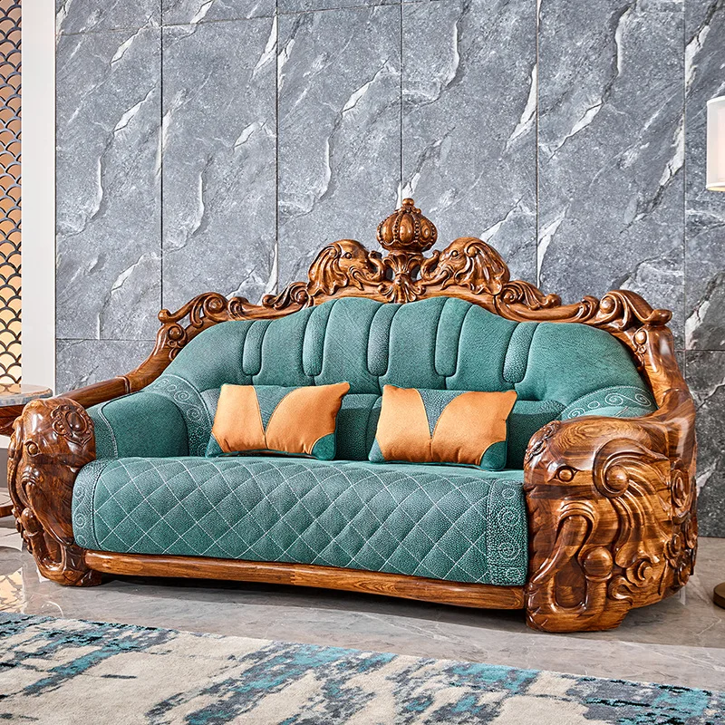 

European-style high-end ebony wood sofa all solid wood villa living room first layer cowhide log carving elephant sofa furniture