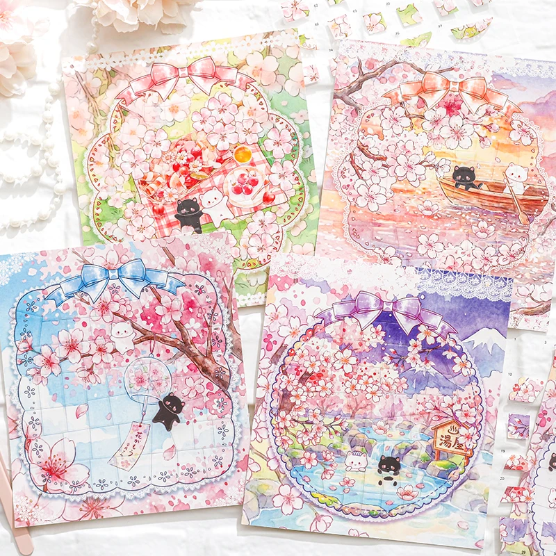 

3pcs Cute Cat Cherry Blossom Rain Series Puzzle Stickers, Four Theme Landscape Creating 3D Fun DIY Stickers