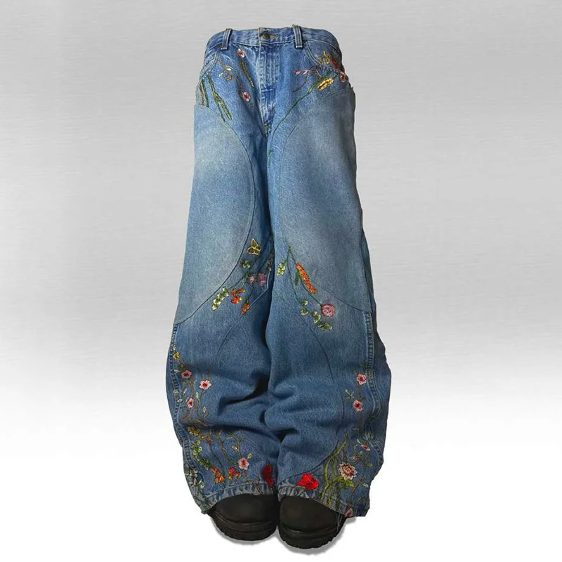 

Y2K Baggy Jeans splicing Floral Seams embroidered High quality jeans new Gothic Hip Hop men women Harajuku Casual wide leg Jeans