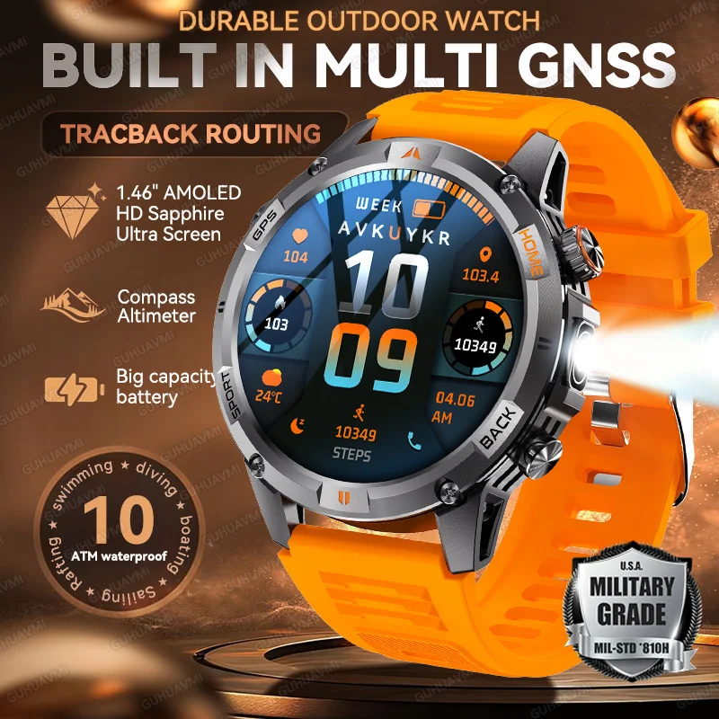 

2026 New Rugged Outdoor GPS Smart Watch Men Built-in Dual-band GNSS Flashlight BT Call 10ATM Waterproof Compass Sport Smartwatch