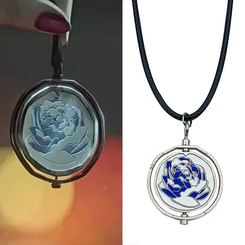 Anime Jinx Blue Rose Rotatable Cosplay Necklace Arcane Season 2 Jinx Pendant Necklace Lovers Wearing Chain Necklace for Unisex