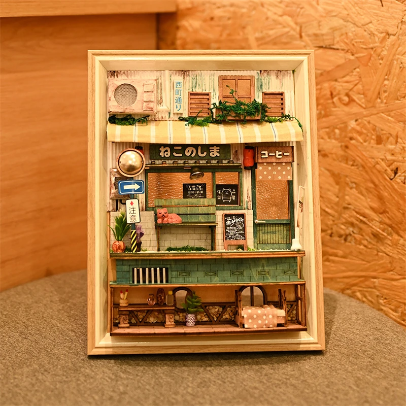 DIY Wooden Miniature Model Kit Japanese Street View Photo Frame 3D Puzzle Dollhouse With Furniture Home Decor for Friends Gifts