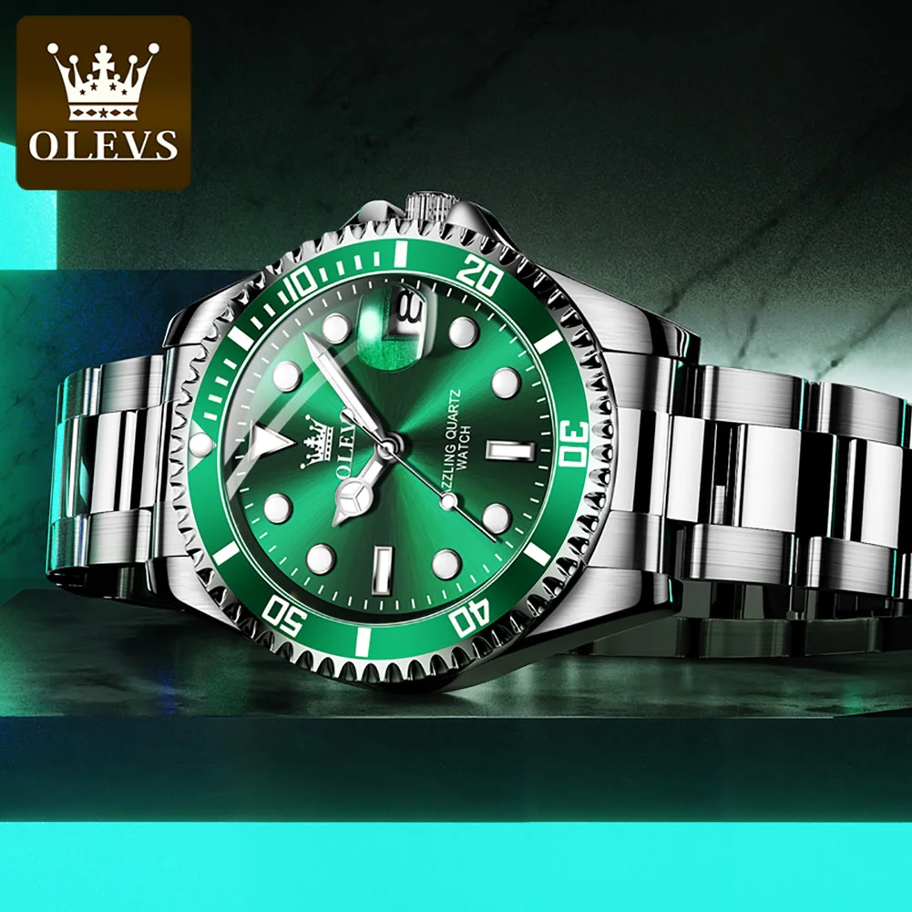 Olevs Luxury Brands Original Wristwatch Gifts For Men Diving Series Stainless Steel Waterproof Green Dial Sports Watch For Men