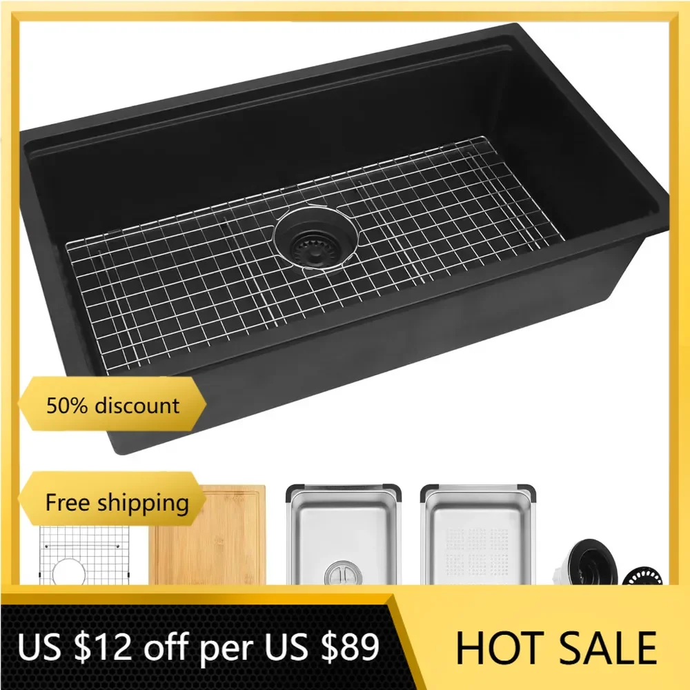 Black Kitchen Sink, 32''×18'' Black Undermount Kitchen Sinks, Workstation Sink Black, Large Granite Composite Kitchen Sink