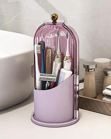 Toothbrush and Toothpaste Holders with Cover, All Pink | Waterproof and Dustproof, 360° Rotating Base, Smooth Sliding Door, 3 Slots, for Bathroom Countertop