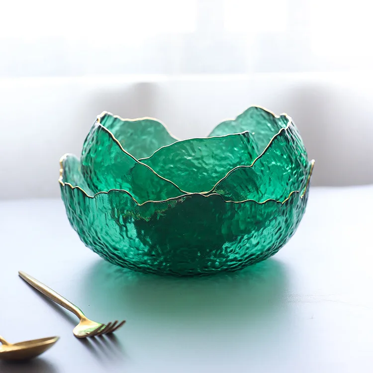 Japanese Style Green Glass Bowl with Glod Rim Salad Fruit Soup Dessert Snack Foods Mixing Bowl Tea Wash Large