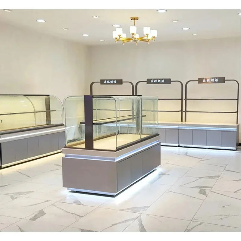 custom.Customizable Heavy-Duty Metal Bakery Display with LED Lighting Glass Back Ladder Shelves Retail &