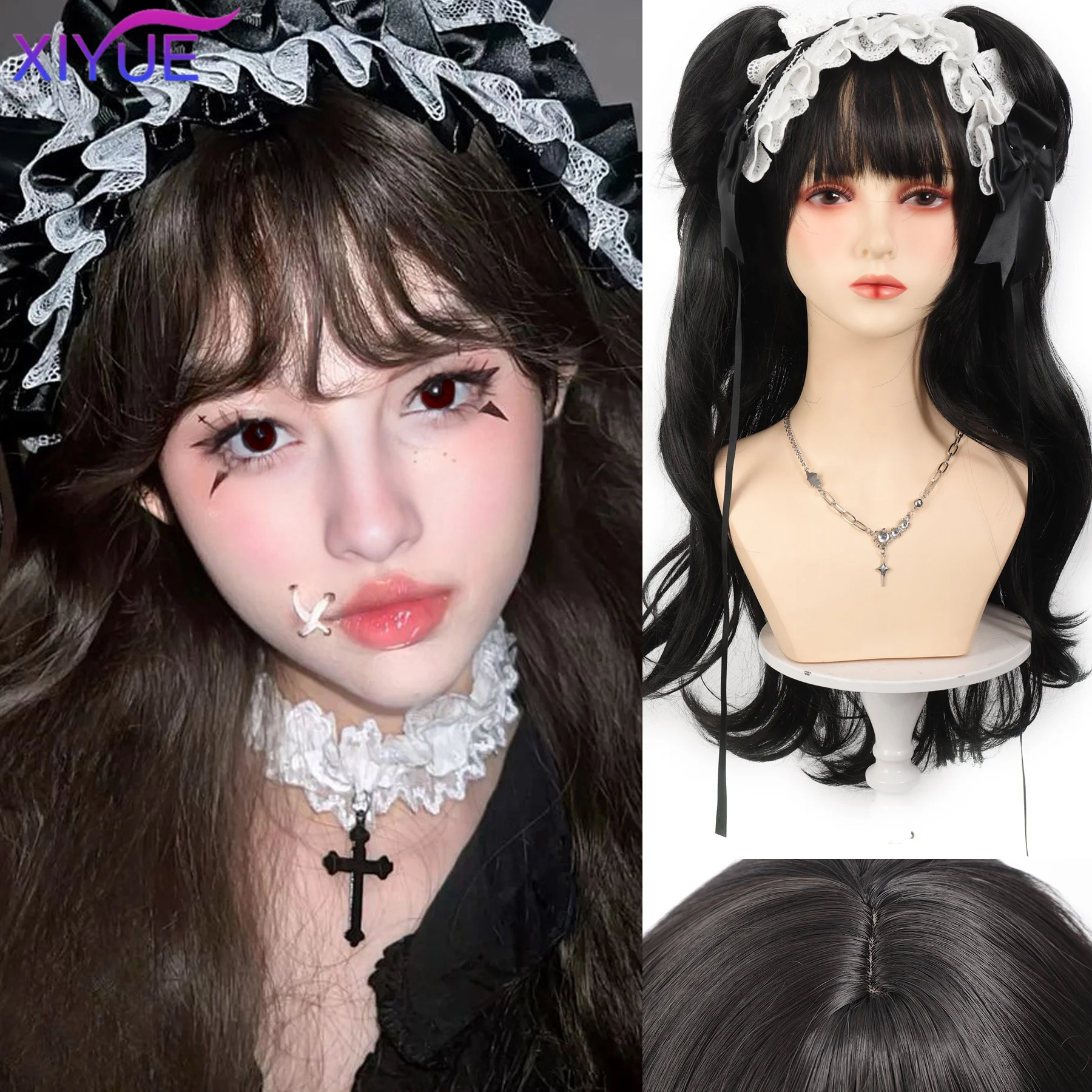 

Synthetic Black Wig with Long Ponytail Short Straight Wig Lolita Cosplay Party Harajuku Blonde Wig With Bangs for Women