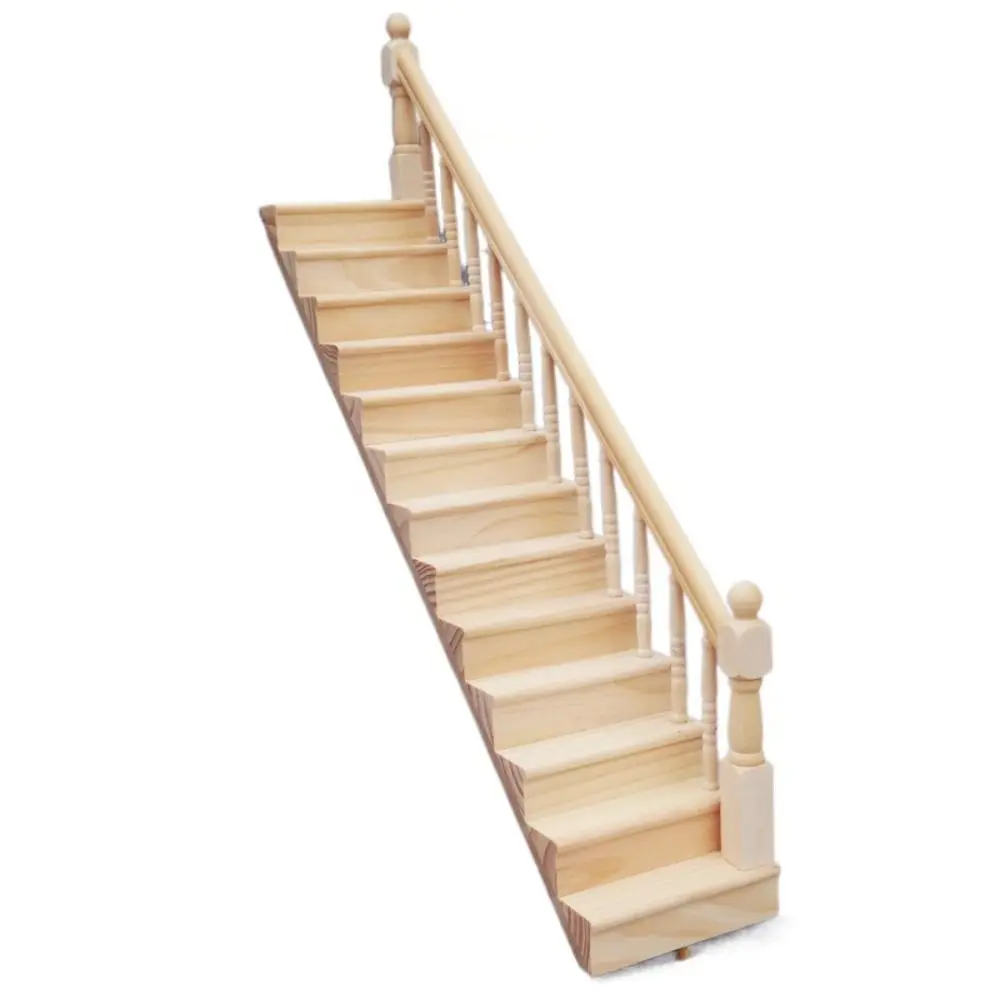 

Cute Pretend Play 1:12 Dollhouse Furniture DIY Armrest Mini Stairway Model Wood Miniature Stairs with Handrail Scene Props