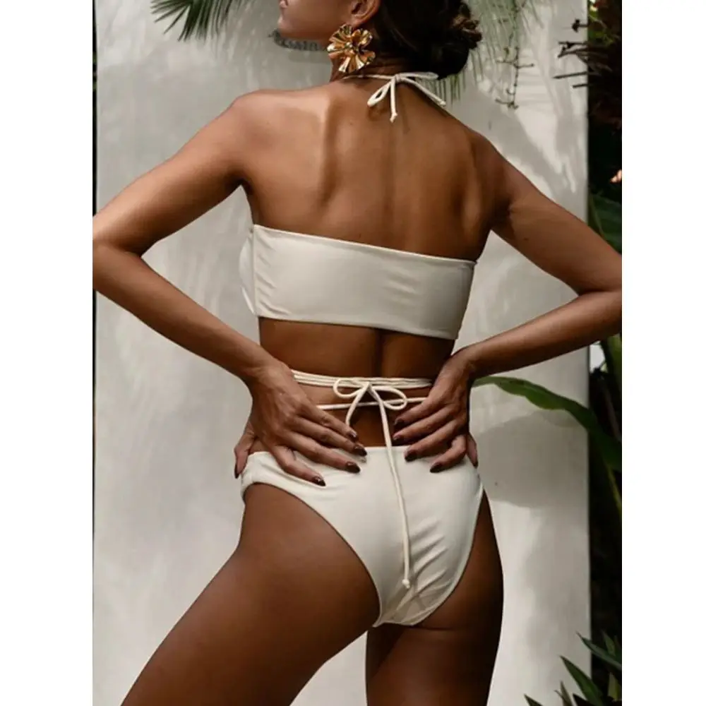 Halterneck Pearl Bandeau Bikini Chic High Waist Sexy Swimsuit Sarong 2024 New Solid Swimwear Women Lace-up Mujer Biquini