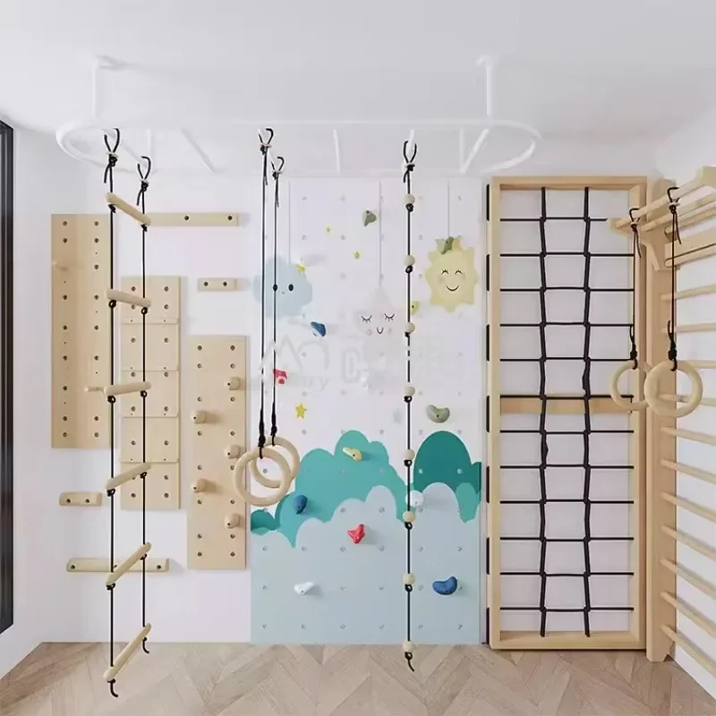 Newly Upgraded Fitness Wooden Kids Sports Gym Home Fitness Equipment Ladder Wall Monkey Bar Kids Fitness Gymnastics - Indoor Wo