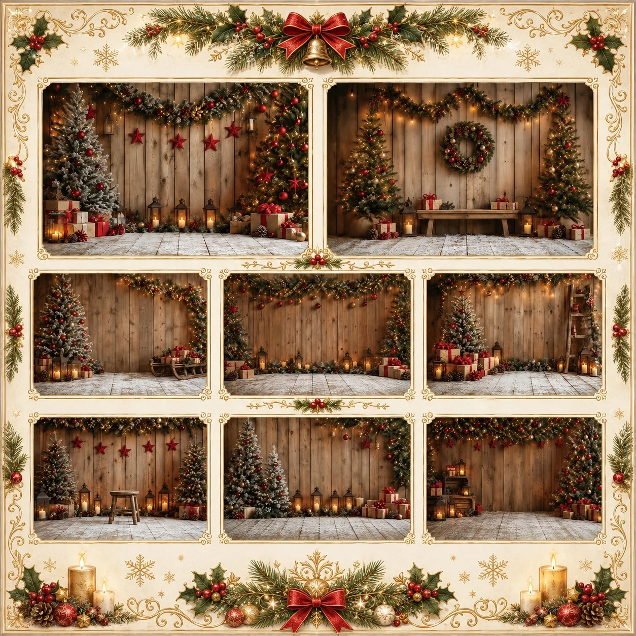 Rustic Christmas Backdrop Wooden Wall Pine Tree Garland Gift Box Lantern Photography Background Holiday Party Photo Booth