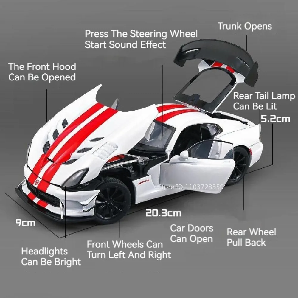 1:24 Viper Senna Toy Model Sports Cars Alloy Diecast Front Wheel Steering Doors Opened Pull Back Sound Light Children's Presents