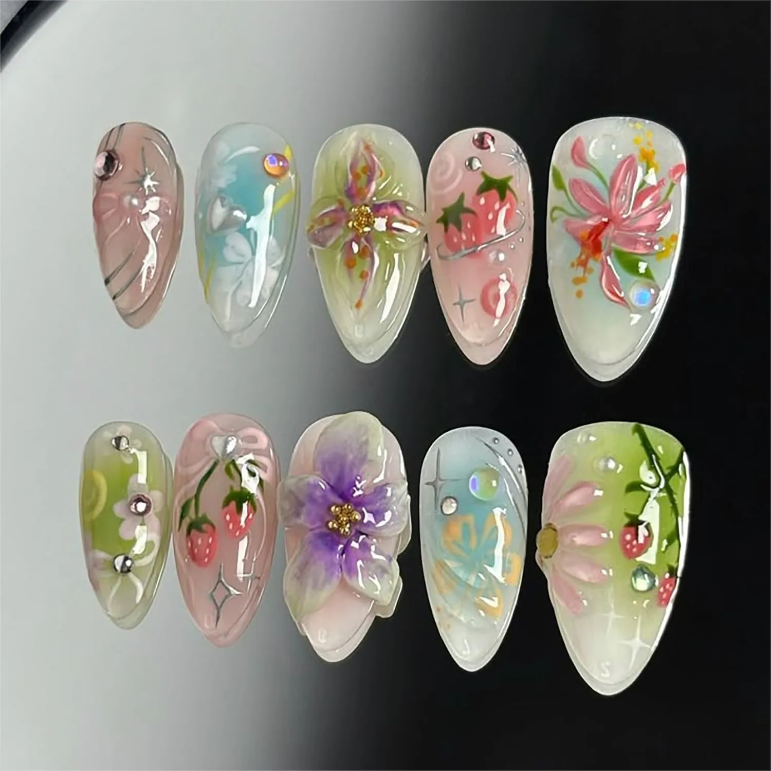 

30Pcs 3D Flower Press on Nails Medium Almond Fake Nails with Pearl Rhinestones Designs for Women