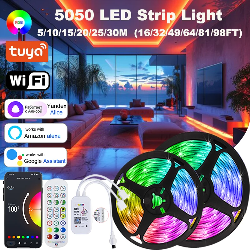 Taśmy Led Rgb 5050 Wifi Alexa Led Lights Strip RGB Led Tape Light APP Control Color Changing Lights Decoration Christmas