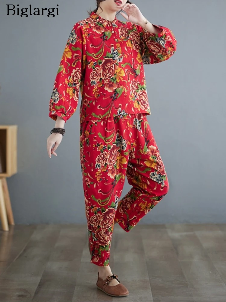 

Негабаритный комплект из двух предметов в китайском стиле с осенним цветочным принтом, женские повседневные топы Modis с длинными рукавами, свободные женские шаровары