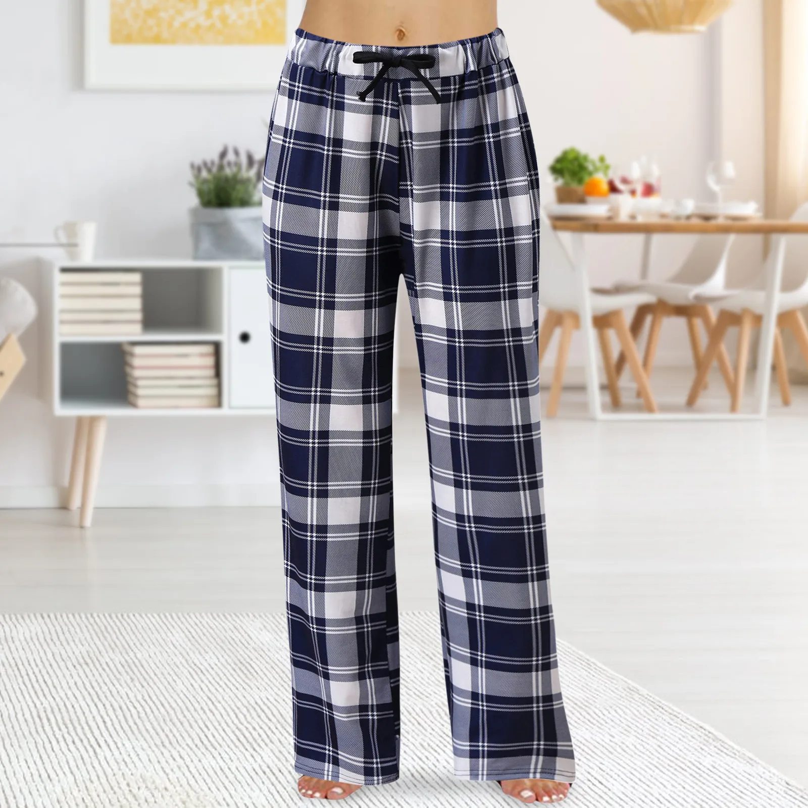 

Women Black White Plaid Casual Pants Spring Fashion Pajamas Homewear Pants Pocket Leisure Outside Sweatpants Plus Size Trousers