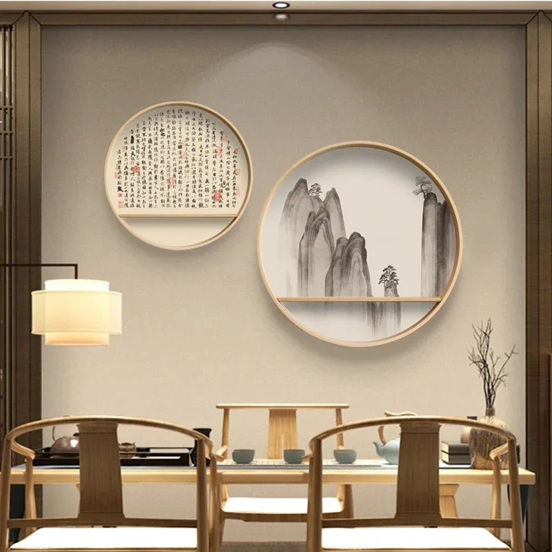 

New Chinese Entrance Wall Hanging Circular Wall Decoration Living Room Solid Wood Wall Ornaments Tea Room Zen Creative Shelves