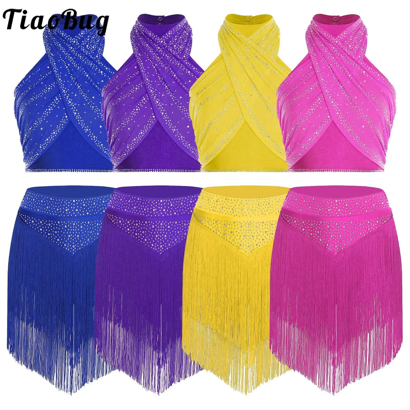النساء السالسا تشا تشا اللاتينية ملابس رقص وتتسابق أكمام الراين الصليب Ruched شبكة تراكب المحاصيل القمم والشرابات تنانير