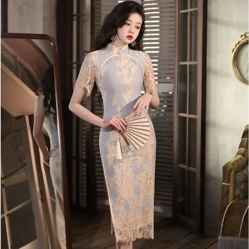 

Elegant Lace Slim Qipao Women Vintage Ethnic Style Cheongsam Traditional Short Sleeve Young Girl Chinese Style Dress Modern New