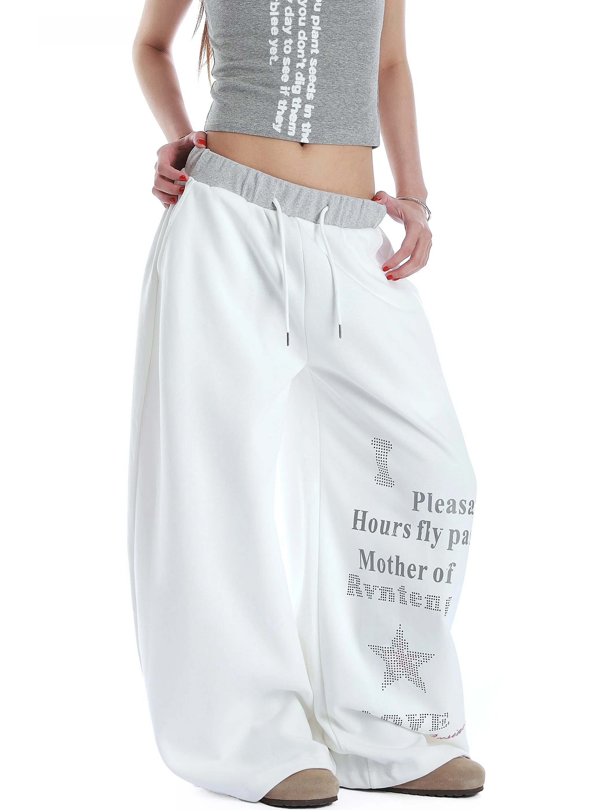 

Повседневные брюки в американском стиле для женщин, широкие брюки с завязками на талии, с эффектом похудения и декоративными вставками в виде звезд