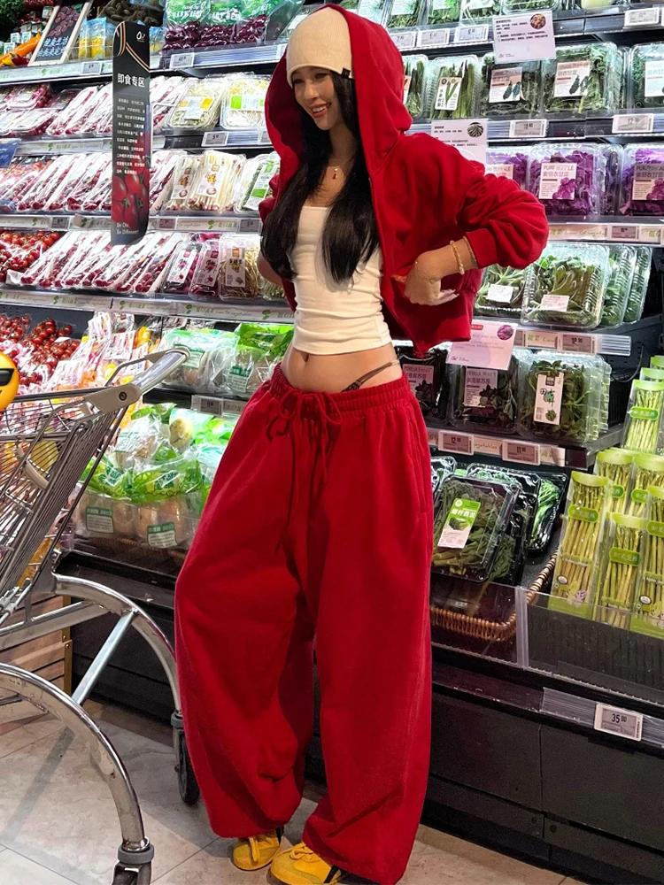 

Красный спортивный костюм женский, повседневный, модный, с широкими брюками, комплект из двух предметов, зима 2026, бренд La La Shang, на молнии