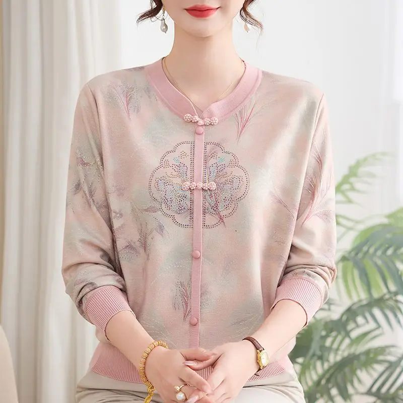 Women's Chinese Style Printed Knit Top Elegant Slim Long Sleeve Blouse