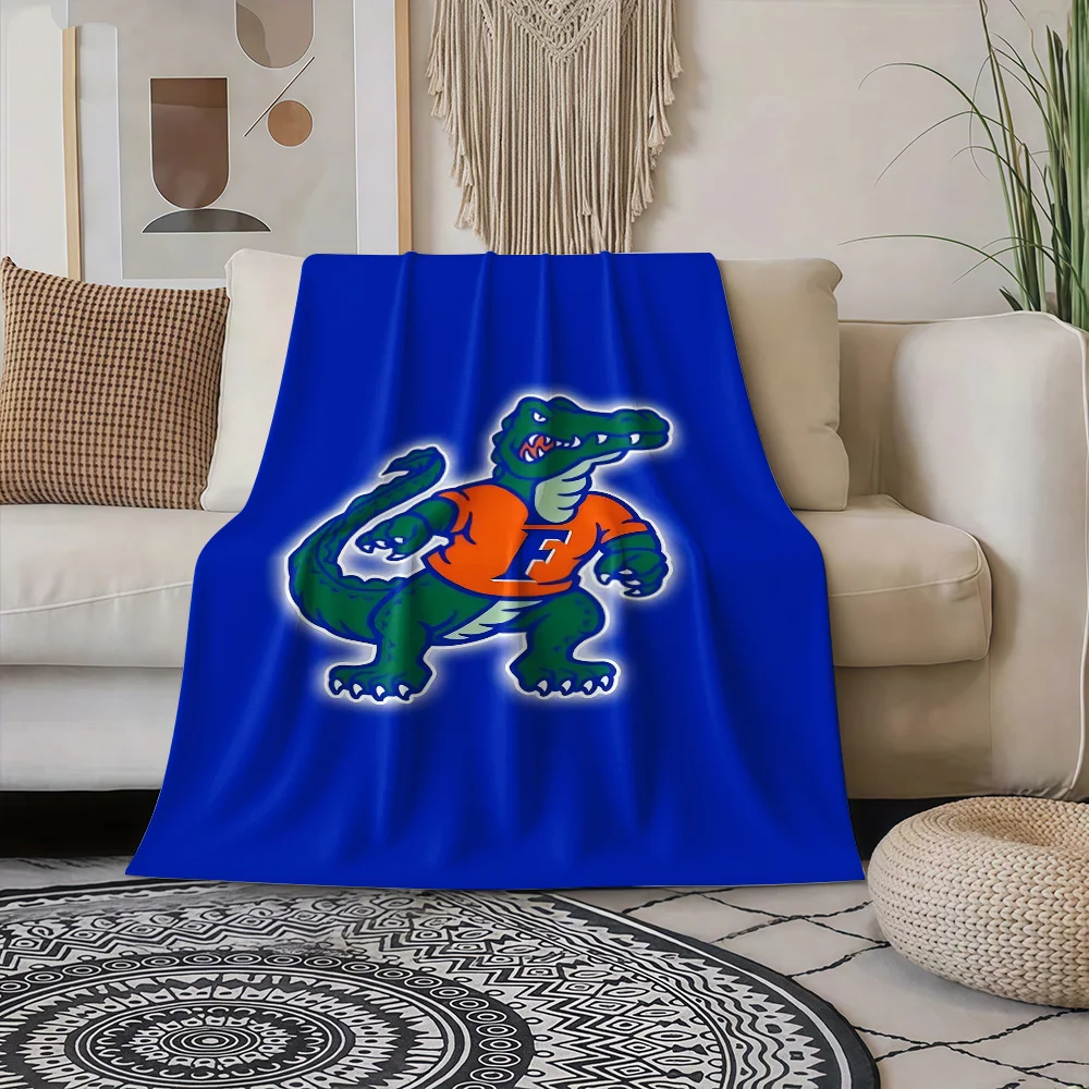1pc Plush Flannel Blanket - Soft Alligator Mascot Design with 'F' Lettering, Navy Blue & Green Team Colors for Bed, Couch