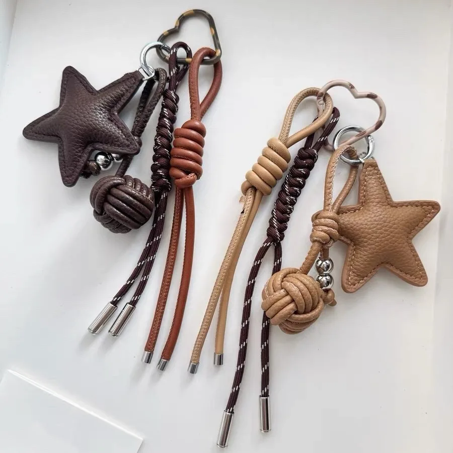

Leather Star Keychain Pentagram Car Keyring with Woven PU Leather Rope Ball Pendant Creative Bag Charms