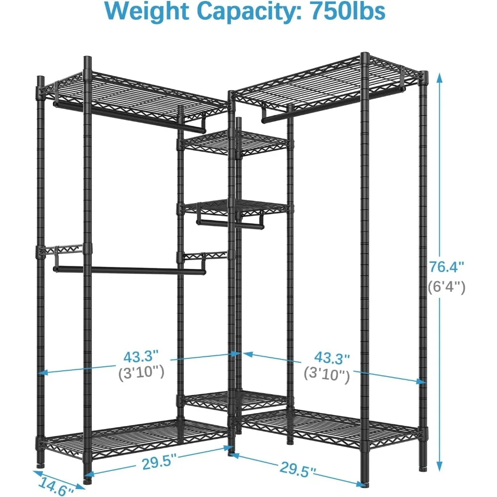 ตู้เสื้อผ้าโลหะรูปตัว L แบบตั้งพื้นสำหรับงานหนัก พร้อมชั้นวางปรับระดับได้ 7 ชั้น และราวแขวนเสื้อผ้า 4 ราว