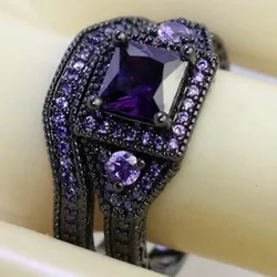 Wholesale Fashion Jewelry Princess Cut  Purple  Zircon stone Black  Filled  Wedding Ring Set Anniversary
