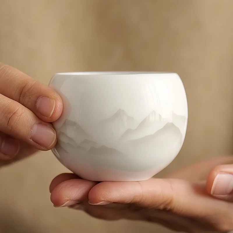 Suet Jade White Porcelain Teacup Master Cup Single Cup Household Tea Cup Men's Large Ceramic Tea Cup High-End Gift Cup