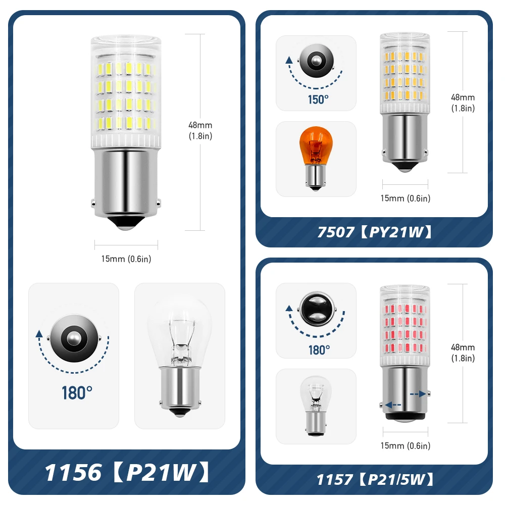 2x P21W 1156 BA15S PY21W BAU15S 1157 P21/5W BAY15D LED Bulb 12V Turn Signal Brake Reverse Light DRL Red Yellow Amber Orange Lamp